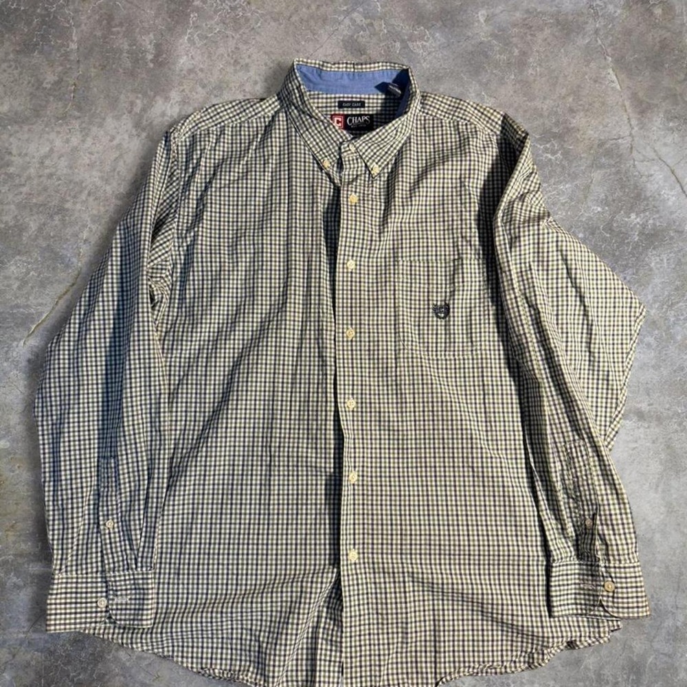 Chaps Easy Care Blue Green Gingham Button Down‎ Shirt XXL Preppy Casual